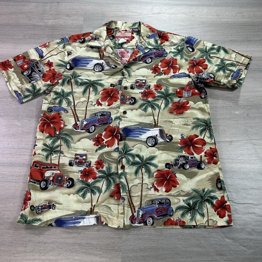 RJC Hawaiian Aloha Shirt Mens Large Tan Hot Rod Cars Hibiscus Made in USA Cotton